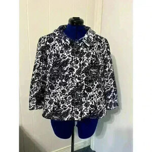 Talbots Blazer Size 16, Navy Damask Print Snap up 3/4 Sleeve Retro Work Jackie O
